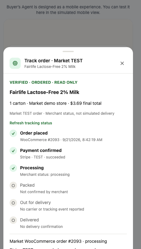 Market TEST order tracking showing order placed, payment confirmed, and processing for WooCommerce order 2093