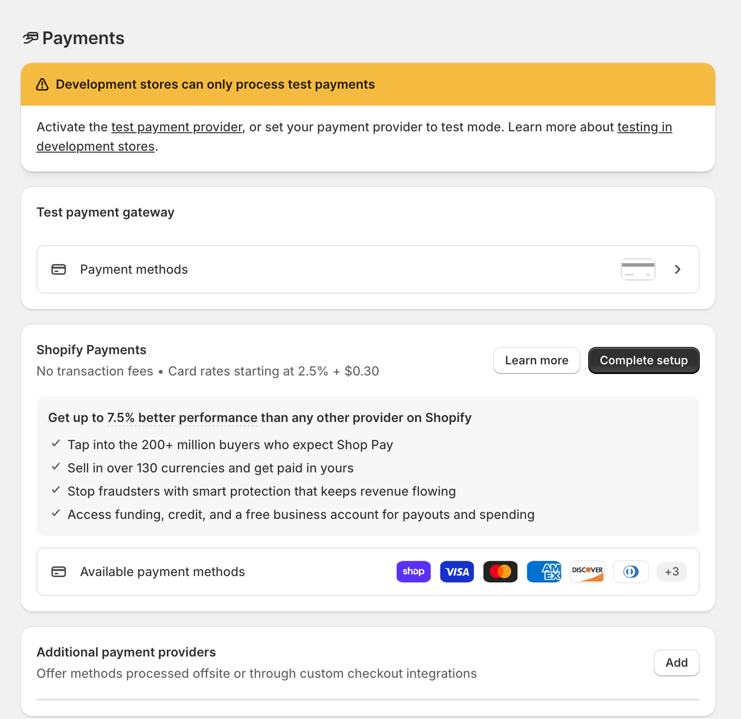 Shopify Payments settings showing that development stores can only process test payments