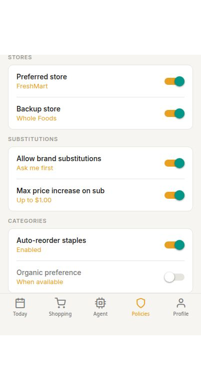 Earlier Buyer’s Agent policy screen showing Auto-reorder staples enabled