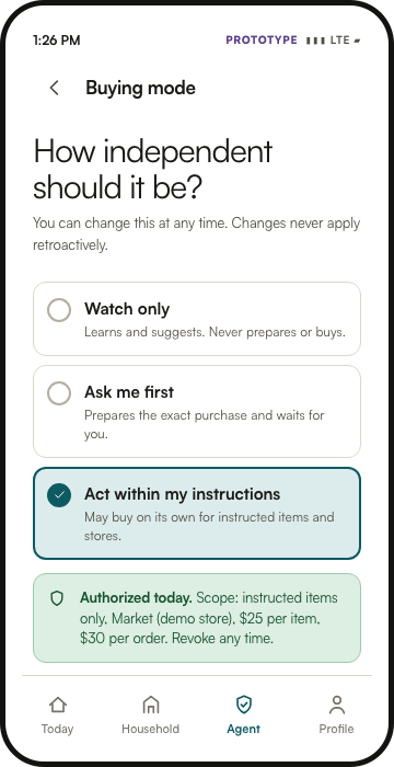Full Buyer’s Agent mobile prototype showing Buying mode set to Act within my instructions