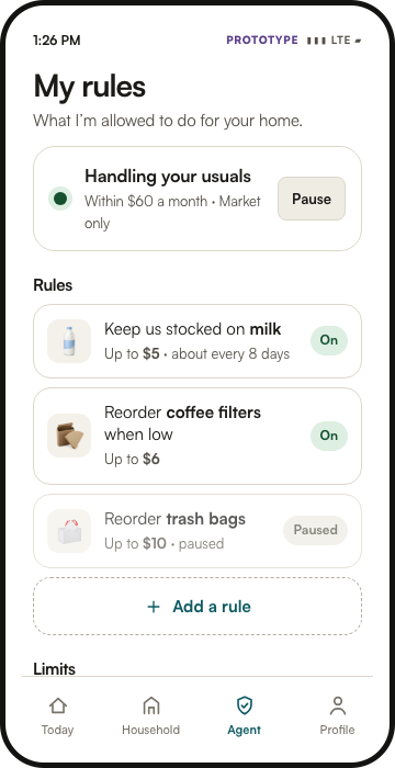 Full Buyer’s Agent mobile prototype showing My rules and Handling your usuals