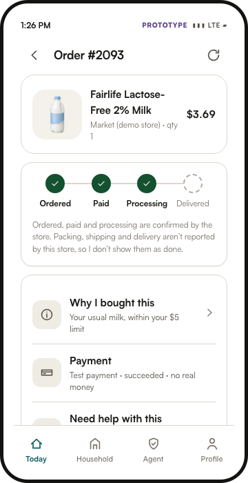 Full Buyer’s Agent mobile prototype showing test order 2093