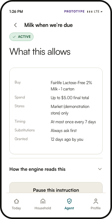 Full Buyer’s Agent mobile prototype showing rule details and What this allows
