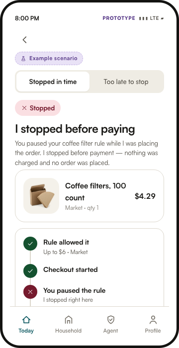 Buyer’s Agent screen showing an order stopped after the household rule was paused