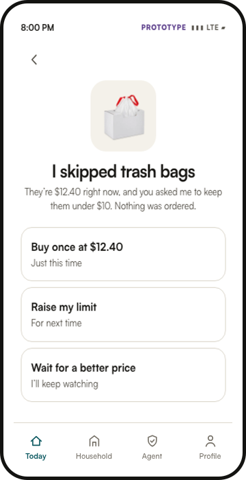 Buyer’s Agent screen showing an item skipped because the current price exceeds the household limit