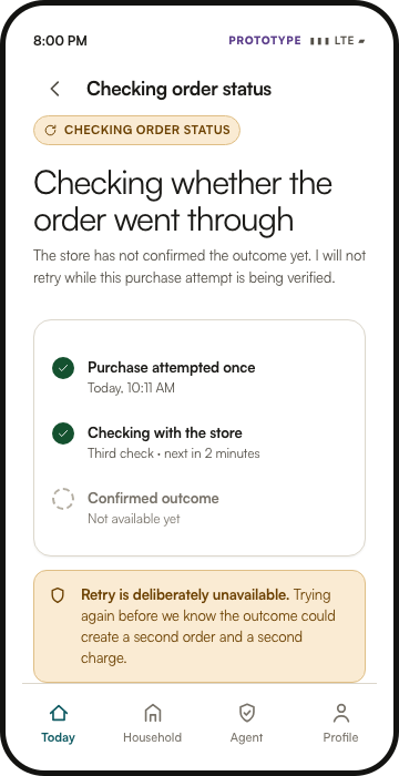 Buyer’s Agent screen showing Checking order status while the purchase outcome is unresolved